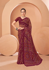 Dark Maroon Bandhani Print Saree with Blouse Piece – Traditional Ethnic Wear for Women