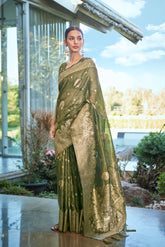 Olive Green Banarasi Silk Saree with Rich Zari Work | Premium Indian Saree UK