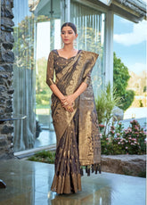 Grey Banarasi Silk Saree with Antique Gold Zari – Design | Elegant Saree UK