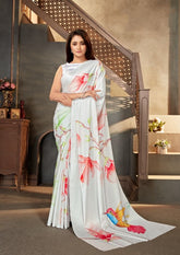 Printed Saree – White Pastel Floral Party Wear Saree - Premium Uk