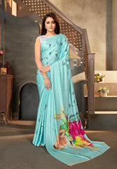 Printed Saree – Aqua Blue Digital Floral Saree - Premium Uk