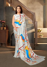 Printed Saree – Off-White Multicolour Designer Print Saree- Premium Uk