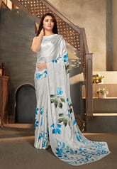 Printed Saree – Light Grey Blue Floral Saree - Premium Uk