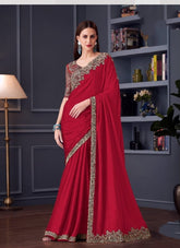 Red Designer Saree with Embroidered Blouse | Wedding Party Wear UK