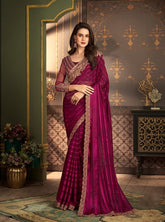 Luxury Pink Designer Saree with Embroidered Border | Party Wear Indian Saree UK