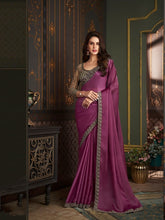 Luxury Wine Purple Designer Saree with Embroidered Border | Elegant Party Wear Saree UK
