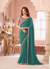 Green Designer Embroidered Saree with Blouse | UK Online Store