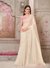 Cream Designer Embroidered Saree with Blouse | UK Ethnic Wear