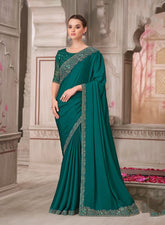Peacock Green Designer Embroidered Saree with Blouse | UK Ethnic Wear