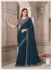 Teal Blue Designer Embroidered Saree with Blouse | UK Ethnic Wear