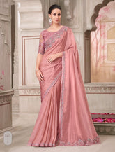 Peach Designer Embroidered Saree with Blouse | UK Ethnic Wear