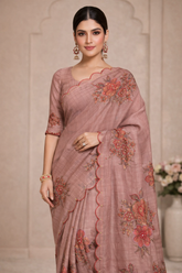 Dusty Rose Floral Embroidered Saree | Designer Indian Saree UK