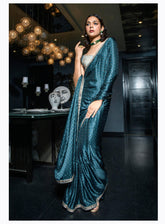 Blue Designer Saree In UK : Women's Designer Bollywood Saris In Blue Color - INDIASILK