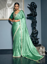 Bollywood Saree In UK : Women's Designer Bollywood Sarees In Green Color - INDIASILK