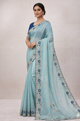 Sky Blue Embroidered Saree with Floral Lace Border | UK Online