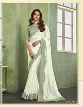 Designer silk embroidered Saree in Off White Color - INDIASILK