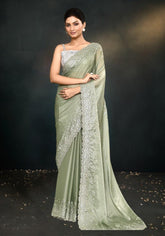 Viridian Green Saree with Exquisite Hand-Embroidered Satin Silk