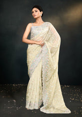 Light Yellow Saree with Exquisite Hand-Embroidered Satin Silk