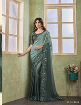 Organza embroidered Saree in Greenish Color - INDIASILK