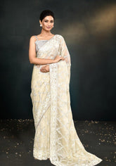 Light Yellow Saree with Exquisite Hand-Embroidered Satin Silk