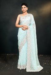 Sky Blue Saree with Exquisite Hand-Embroidered Satin Silk