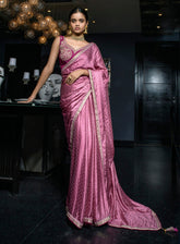 Satin Viscose Saree : Women's Designer Bollywood Sarees In Pink Color - INDIASILK