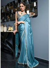 Satin Viscose Saree : Women's Designer Bollywood Sarees In Sky Blue Color - INDIASILK