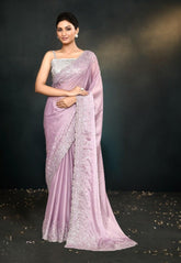 Onion Pink Saree with Exquisite Hand-Embroidered Satin Silk