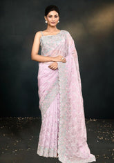 Onion Pink Saree with Exquisite Hand-Embroidered Satin Silk