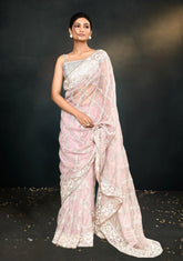 Blush Pink Saree with Exquisite Hand-Embroidered Satin Silk
