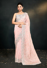 Peach Pink Saree with Exquisite Hand-Embroidered Satin Silk