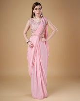Women's Georgette Fabric Pink Color Saree With Intricate Embroidered Work along the border - INDIASILK