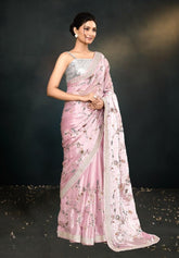 Dreamy Baby Pink Saree with Exquisite Hand-Embroidered Satin Silk