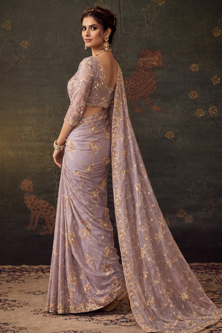 Lavender Luxury Embroidered Saree | Designer Indian Wedding Saree UK