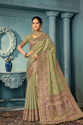 Soft Banarasi Silk Saree in Olive Green   – Heavy Zari Weaving Border | Wedding & Party Wear Indian Saree UK