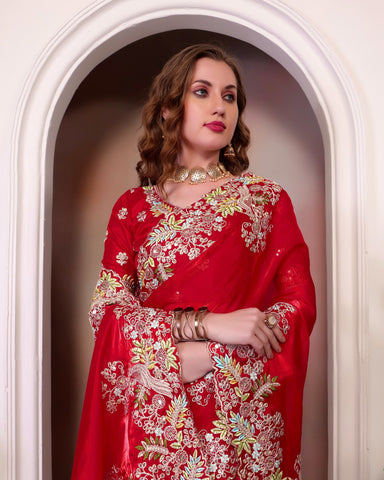 Red Embroidered Designer Saree with Blouse – Wedding & Party Wear