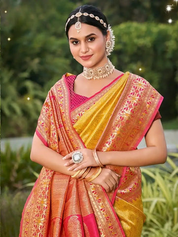 India Silk Presents Yellow And Pink Contrast Banarasi Silk Sarees Adorned With Beautiful Weaving Featuring A Striking