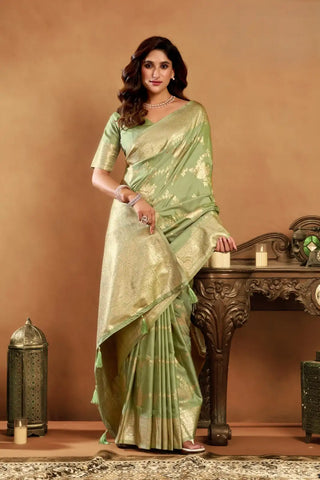 India Silk Mint Green Sarees Showcase A Rich Pallu Adorned With Intricate Zhallar Work Blending Traditional Craftsmanship