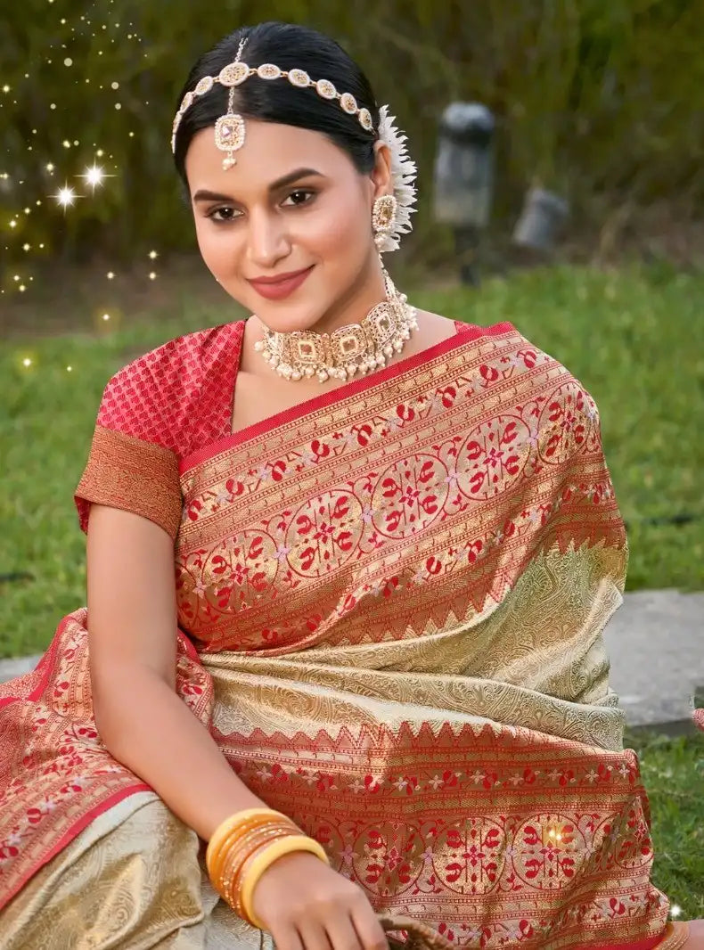 India Silk Presents Red And Off-White Contrast Banarasi Silk Sarees Adorned With Beautiful Weaving Featuring A Striking