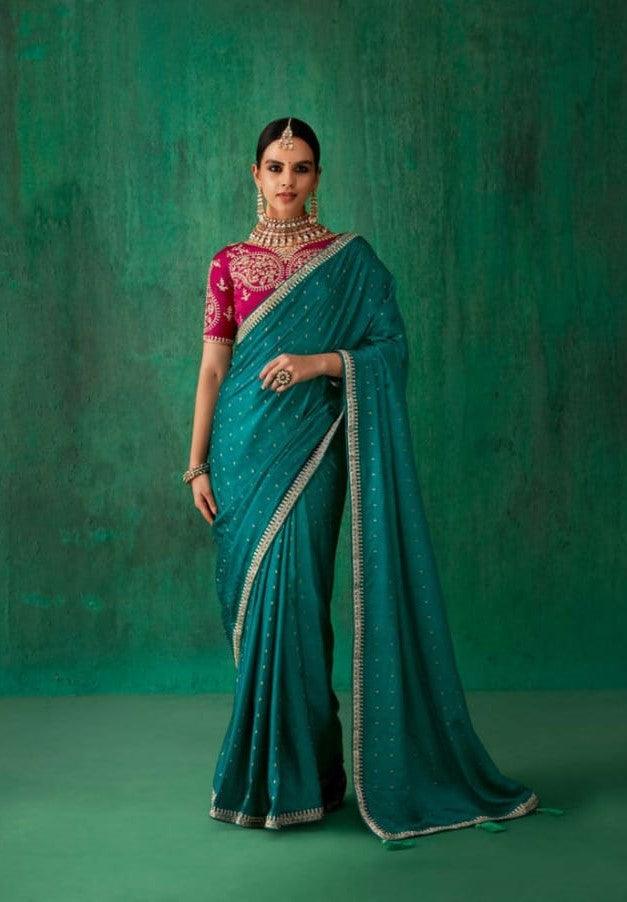 Turquoise Satin Jacquard Saree with Embroidered Blouse