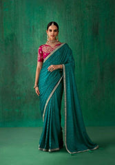 Turquoise Satin Jacquard Saree with Embroidered Blouse