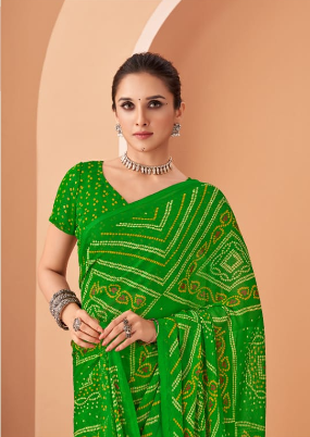 GREEN Bandhani Print Saree with Blouse Piece – Traditional Ethnic Wear for Women