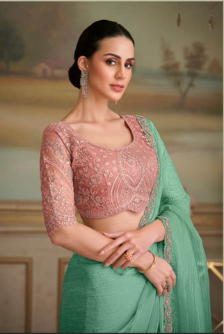 Sea Green Saree with Lavender Border | UK Ethnic Wear