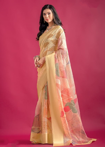 Yellow Premium Printed Pure Linen Saree with Elegant Floral Design – Lightweight Party Wear Indian Saree UK