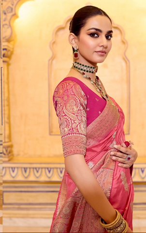 Pink Luxury Handloom Silk Saree with Rich Zari Work | Traditional Indian Saree UK