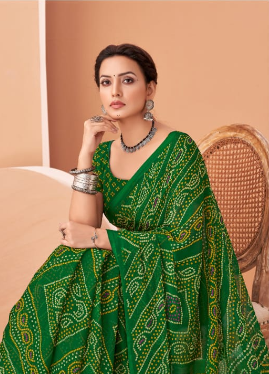 Dark Green Bandhani Print Saree with Blouse Piece – Traditional Ethnic Wear for Women
