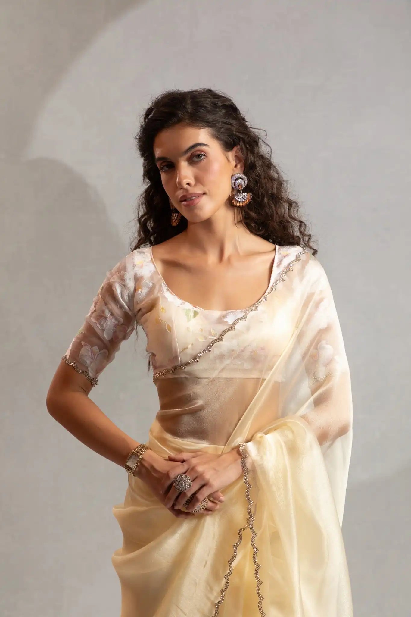 India Silk Elegant Ivory Chiffon Saree with Silver and Gold Embellishments