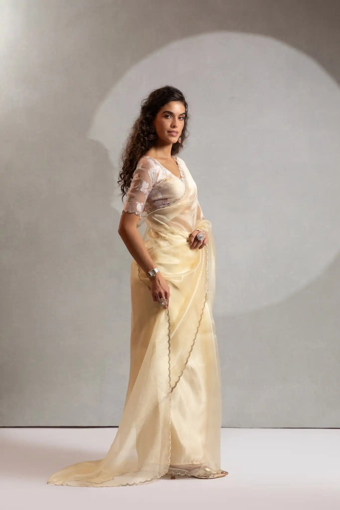 India Silk Elegant Ivory Chiffon Saree with Silver and Gold Embellishments