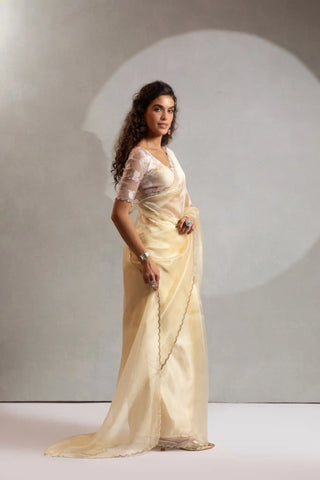 India Silk Elegant Ivory Chiffon Saree with Silver and Gold Embellishments