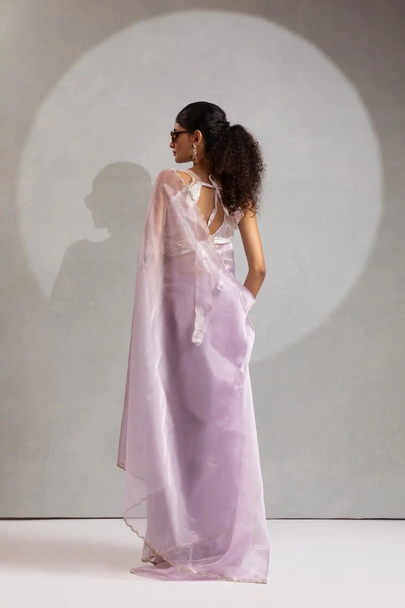 India Silk Elegant Lavender Chiffon Saree with Silver and Gold Embellishments